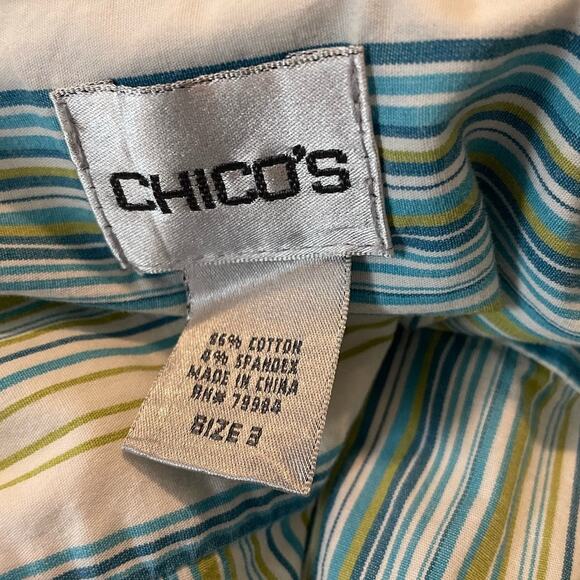 Chicos Women Cotton Top XL Green Blue Striped Button Up‎ Basics Workwear Preppy - Picture 2 of 8